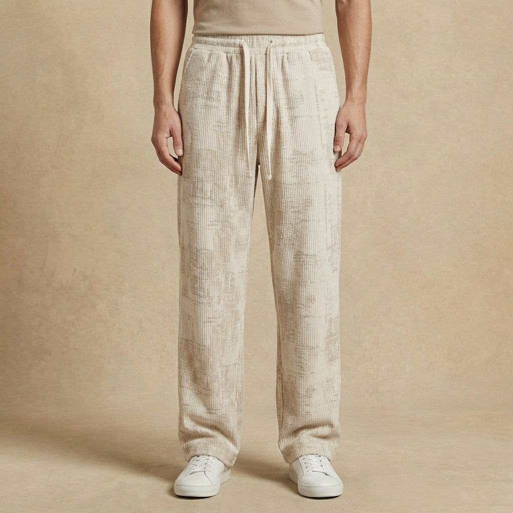 Asher - Men's Relaxed Fit Ribbed Pants - Abstract Textured Drawstring Casual Trousers