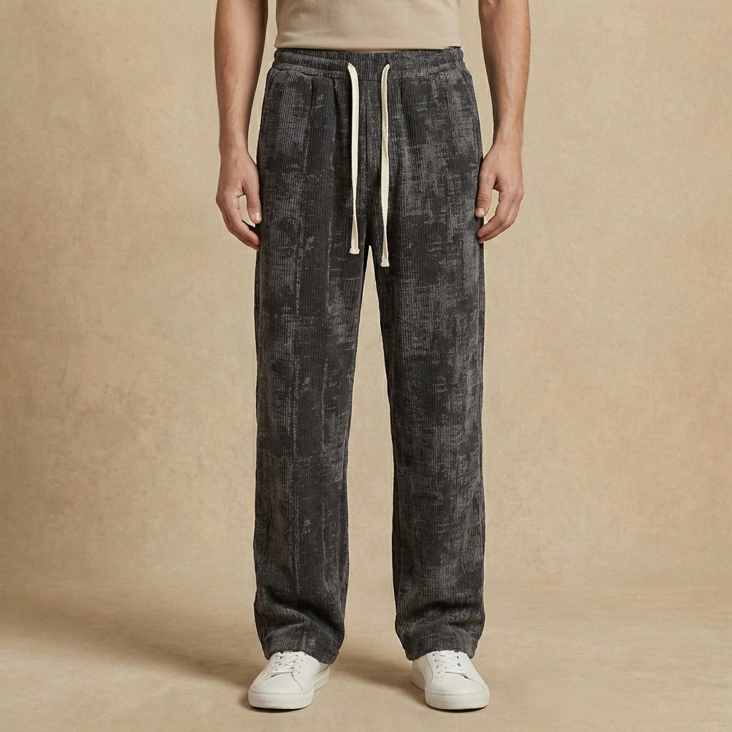 Asher - Men's Relaxed Fit Ribbed Pants - Abstract Textured Drawstring Casual Trousers