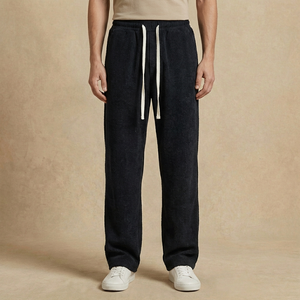 Asher - Men's Relaxed Fit Ribbed Pants - Abstract Textured Drawstring Casual Trousers