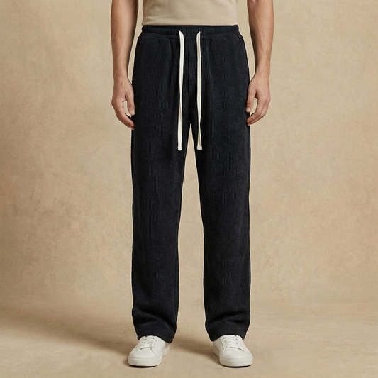 Asher - Men's Relaxed Fit Ribbed Pants - Abstract Textured Drawstring Casual Trousers