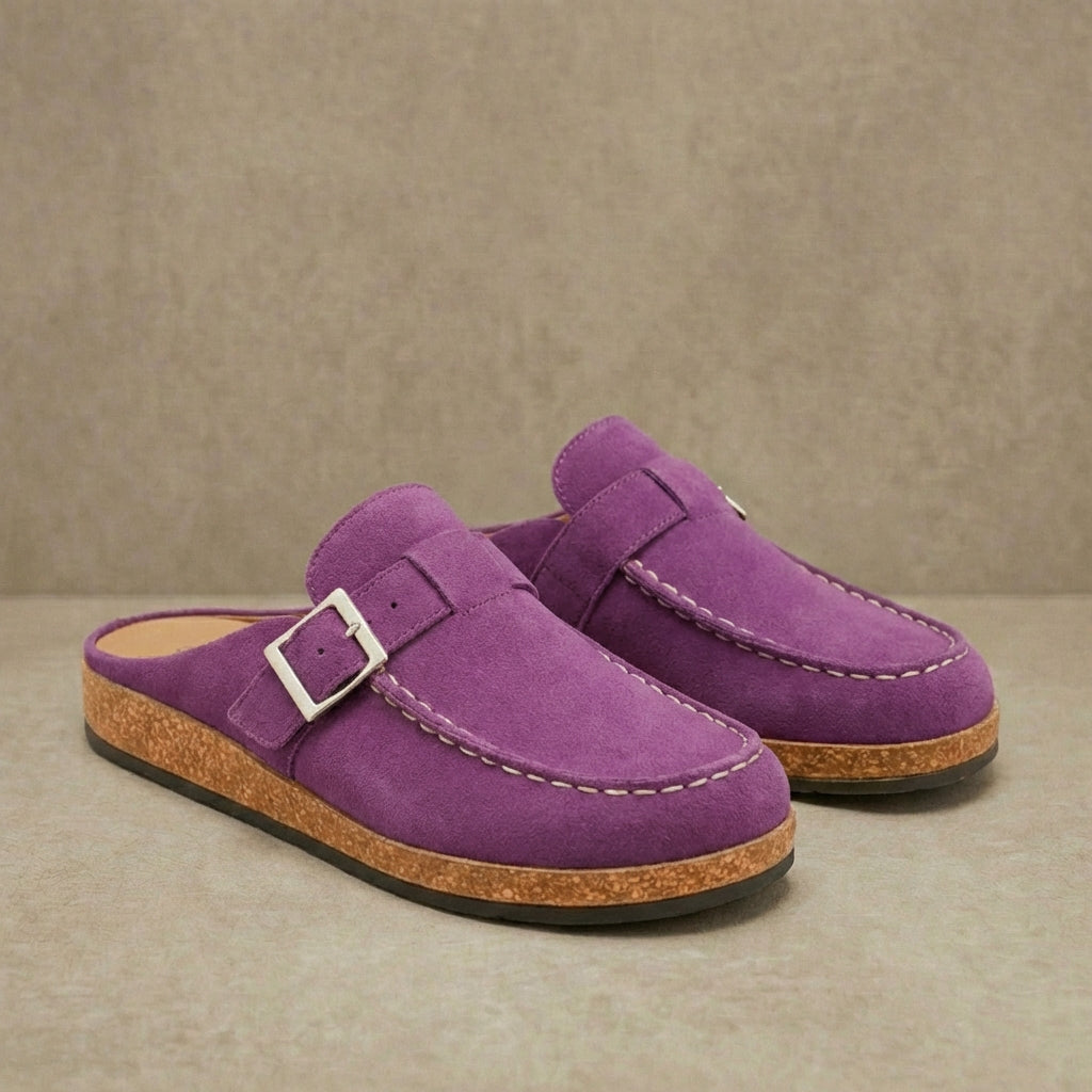 Hazel - Women's Comfort Suede Mules - Ergonomic Slip-On Clogs with Adjustable Buckle