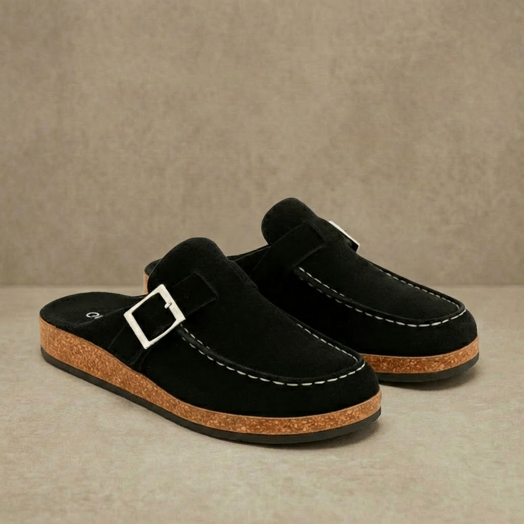 Hazel - Women's Comfort Suede Mules - Ergonomic Slip-On Clogs with Adjustable Buckle