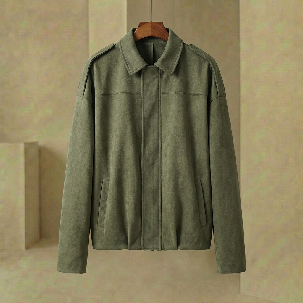 Elodie - Faux-Suede Utility Jacket - Relaxed Green Moto Coat