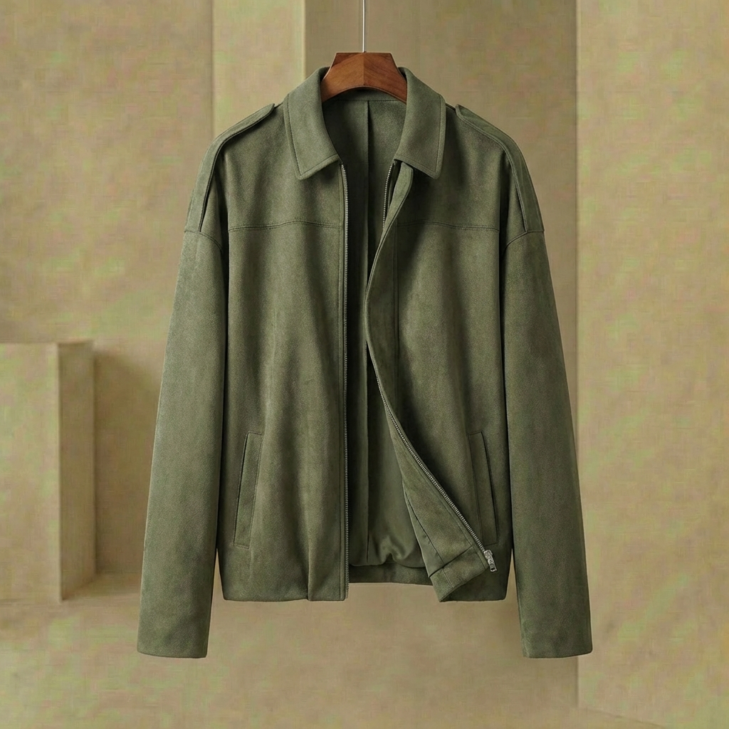 Elodie - Faux-Suede Utility Jacket - Relaxed Green Moto Coat