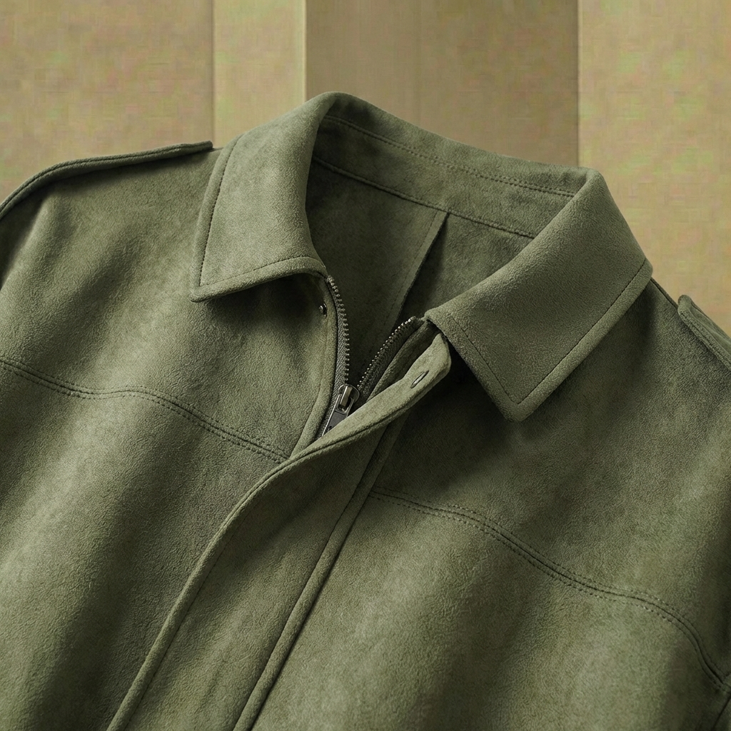 Elodie - Faux-Suede Utility Jacket - Relaxed Green Moto Coat