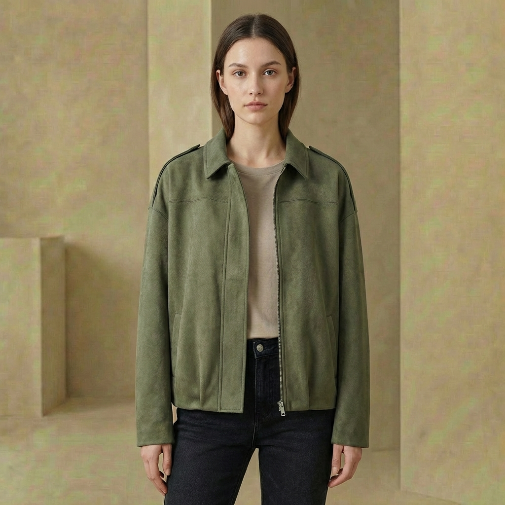 Elodie - Faux-Suede Utility Jacket - Relaxed Green Moto Coat