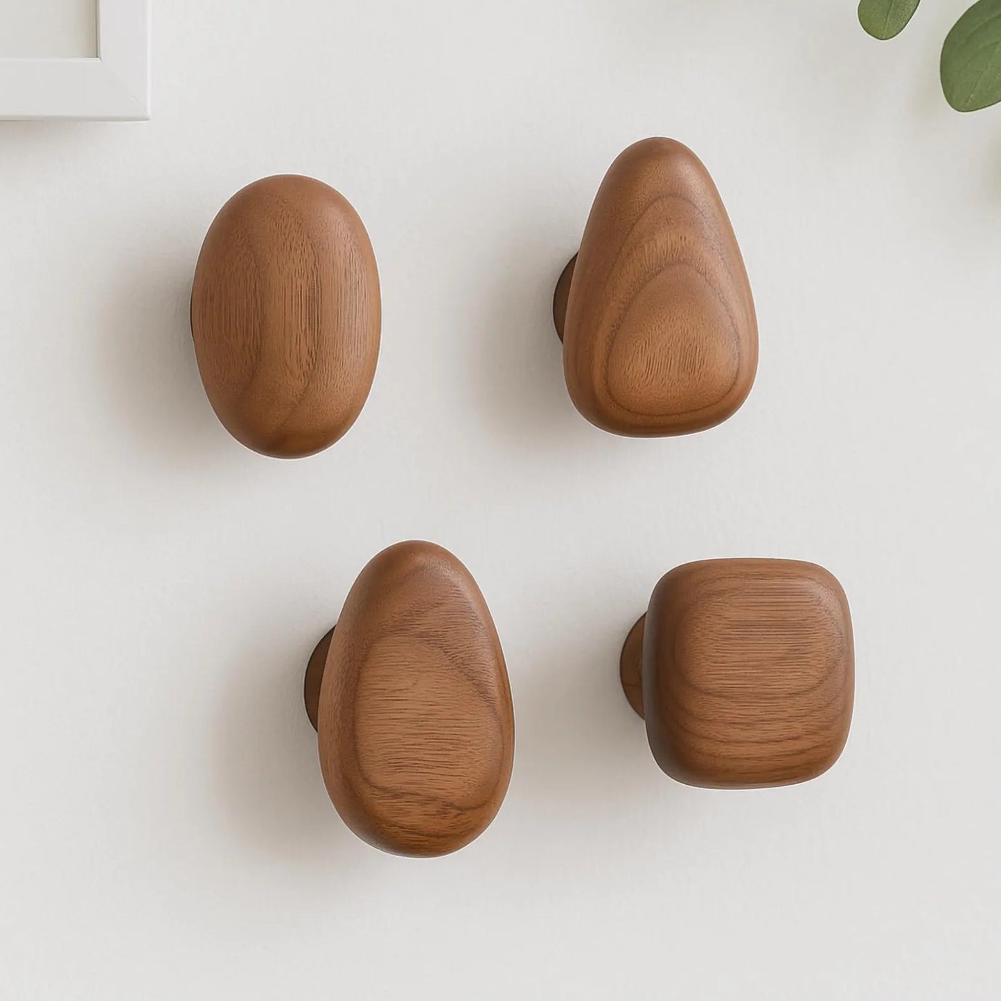Minimalist Wooden Wall Hooks Set – Pebble Shape Natural Coat Hooks (Set of 4)