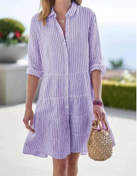 Women striped Shirt Dress with Ruffle Hem