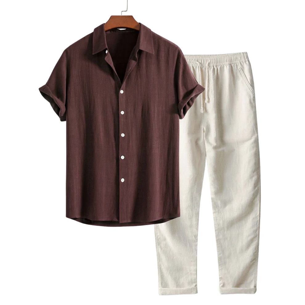 Men’s Linen Set – Short Sleeve Shirt & Drawstring Pants Summer Outfit