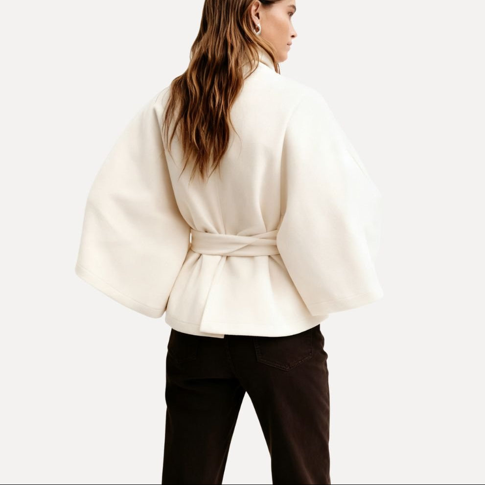 Women’s White Wool Blend Statement Jacket with High Collar