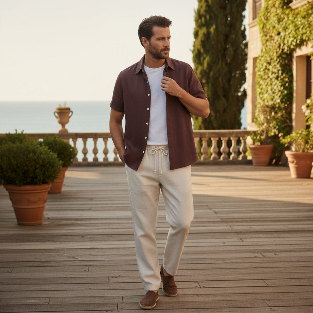 Men’s Linen Set – Short Sleeve Shirt & Drawstring Pants Summer Outfit