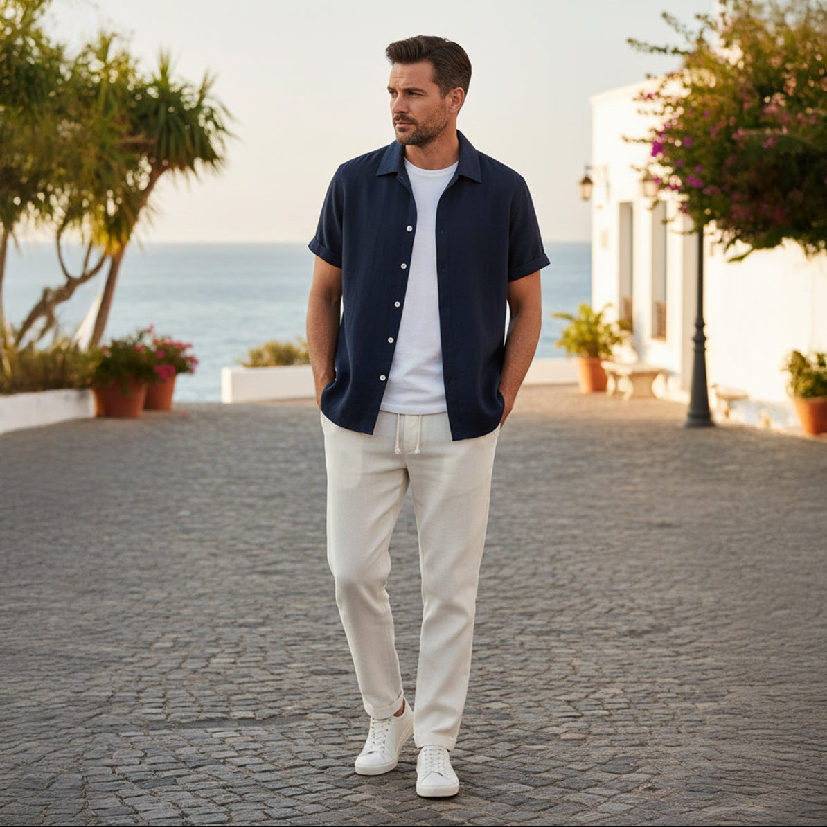 Men’s Linen Set – Short Sleeve Shirt & Drawstring Pants Summer Outfit