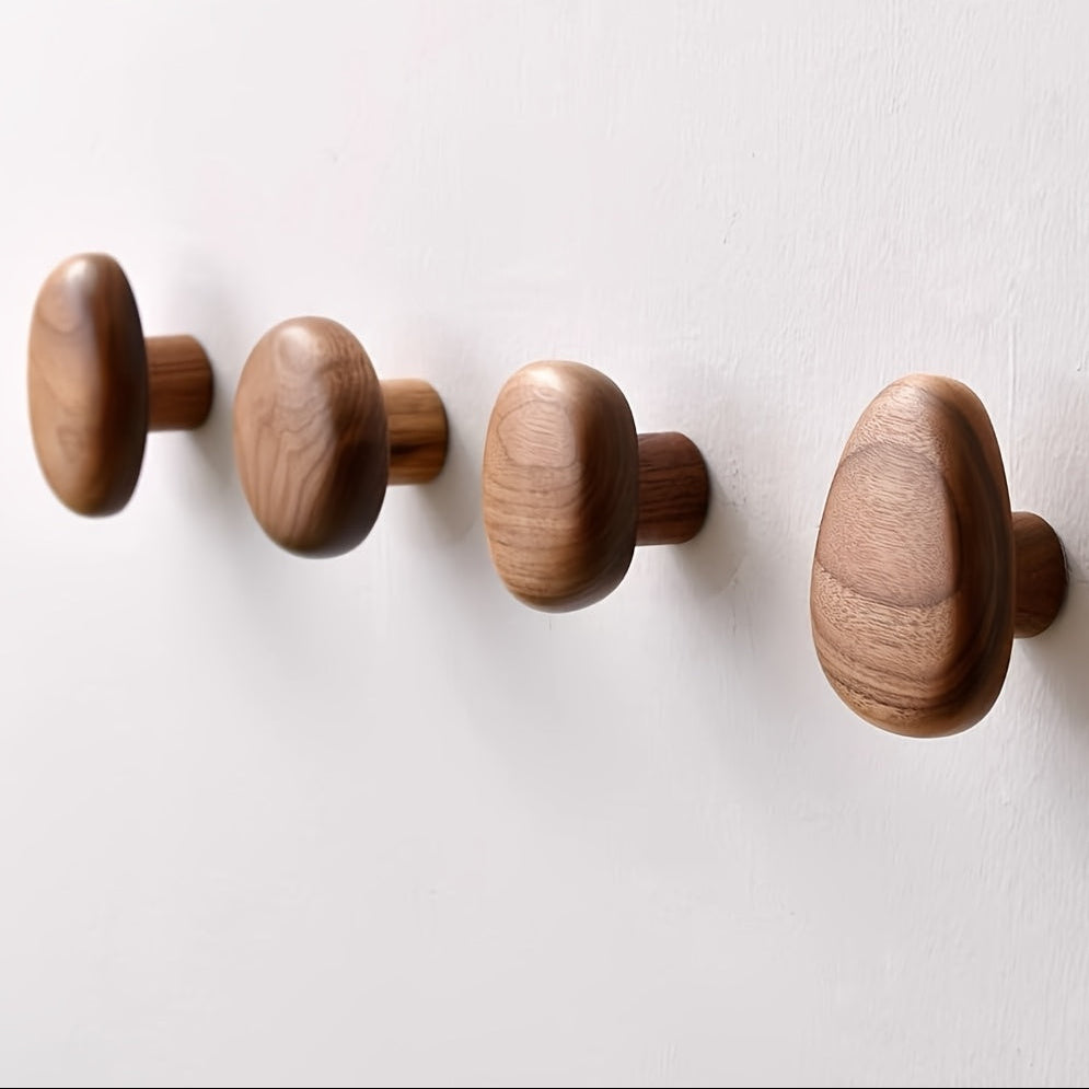 Minimalist Wooden Wall Hooks Set – Pebble Shape Natural Coat Hooks (Set of 4)