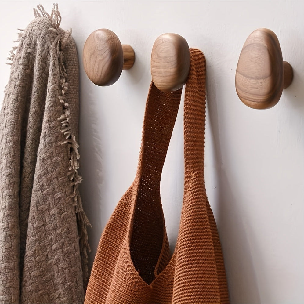 Minimalist Wooden Wall Hooks Set – Pebble Shape Natural Coat Hooks (Set of 4)