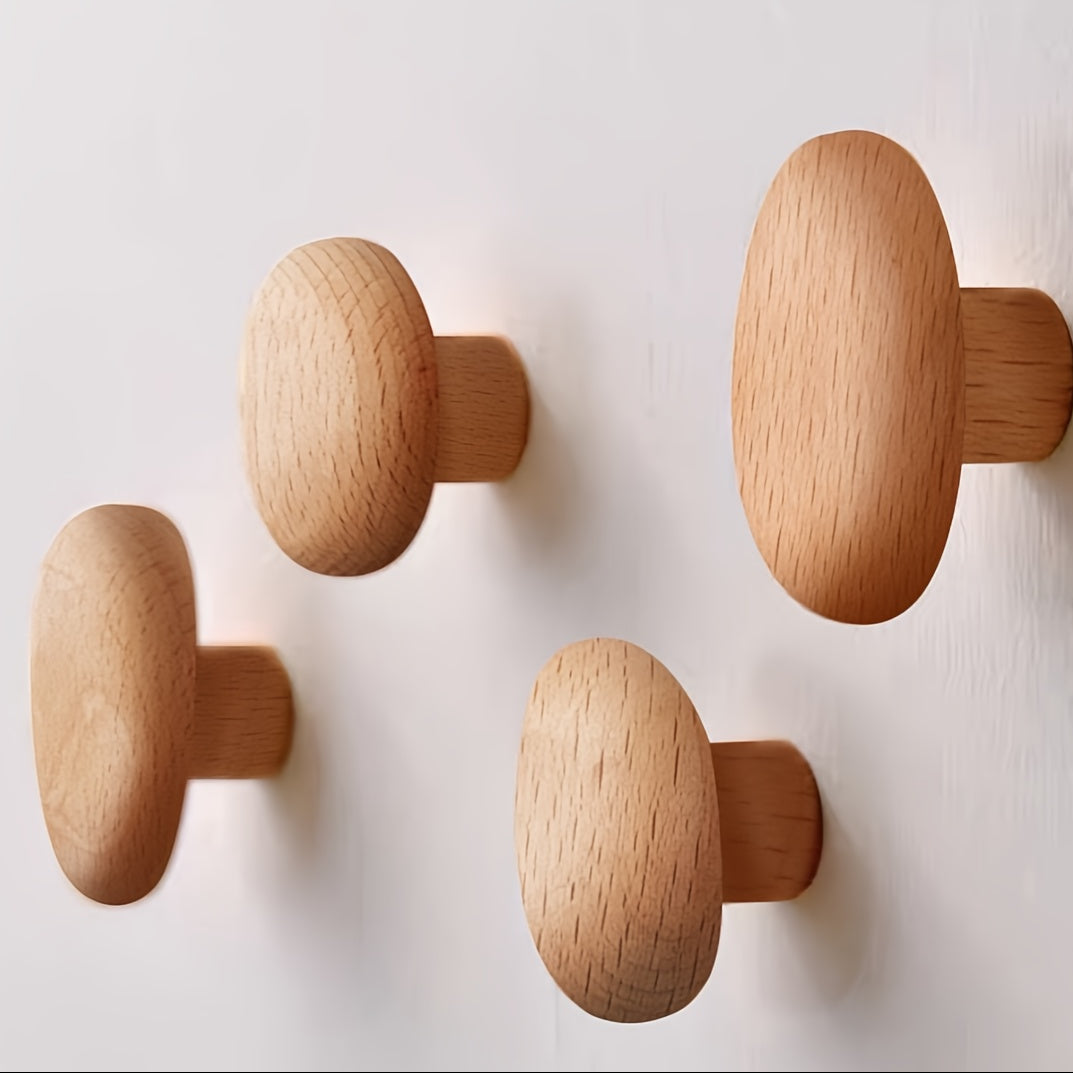 Minimalist Wooden Wall Hooks Set – Pebble Shape Natural Coat Hooks (Set of 4)
