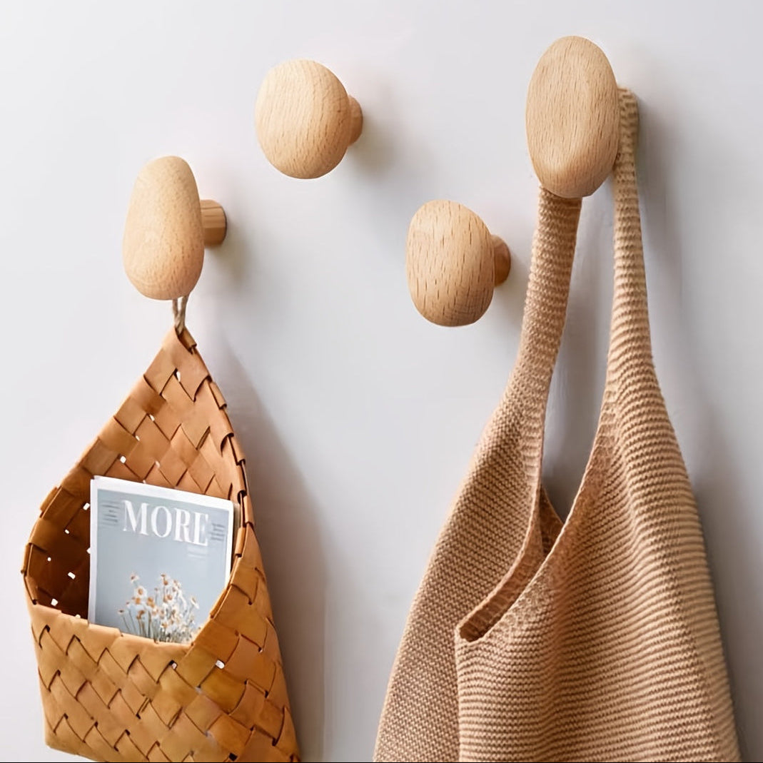 Minimalist Wooden Wall Hooks Set – Pebble Shape Natural Coat Hooks (Set of 4)
