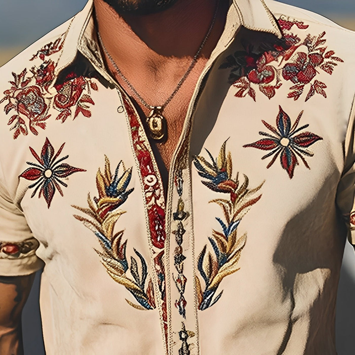 Men's Retro Western Embroidered Short-Sleeve Shirt