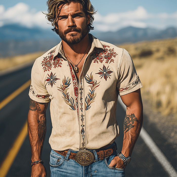 Men's Retro Western Embroidered Short-Sleeve Shirt