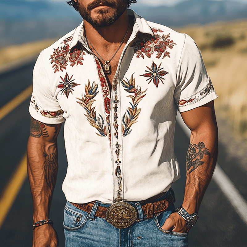 Men's Retro Western Embroidered Short-Sleeve Shirt