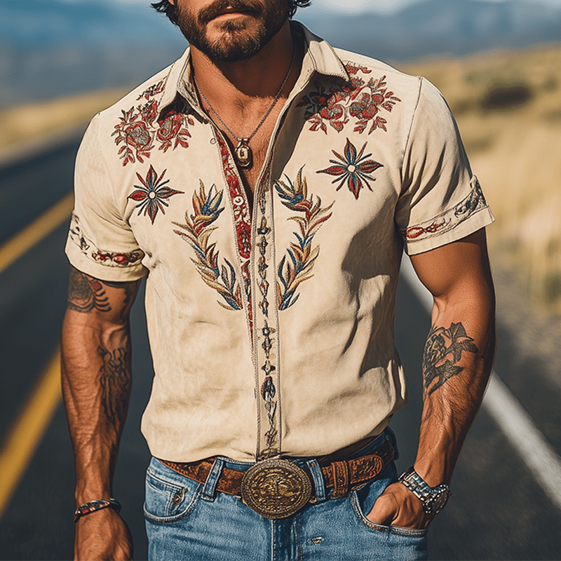Men's Retro Western Embroidered Short-Sleeve Shirt
