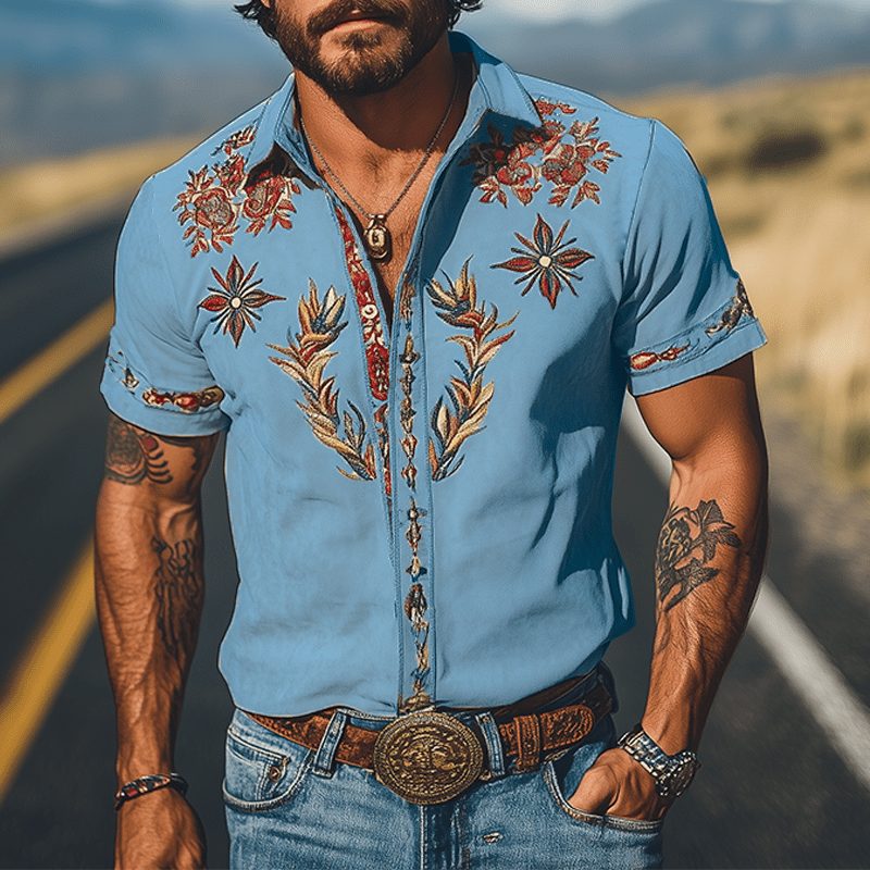 Men's Retro Western Embroidered Short-Sleeve Shirt