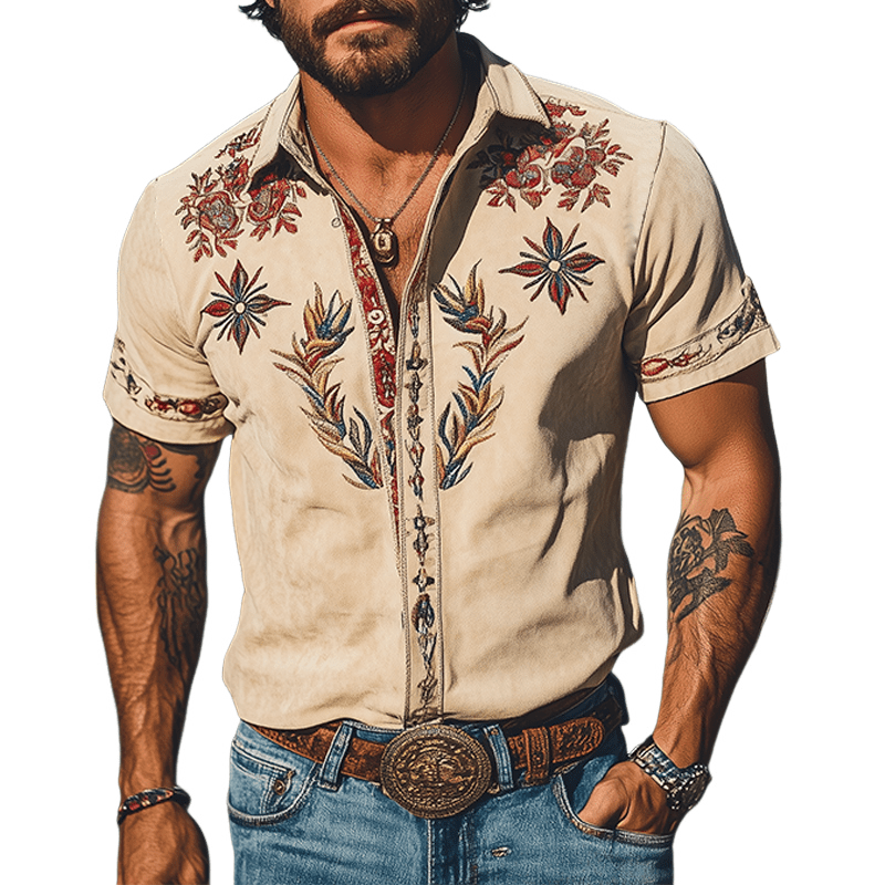 Men's Retro Western Embroidered Short-Sleeve Shirt