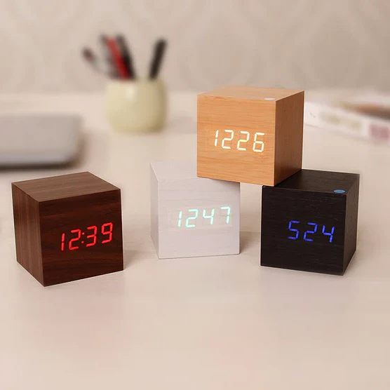 Modern Digital Wood Clock - Minimalist Cubic Led Desktop Timer