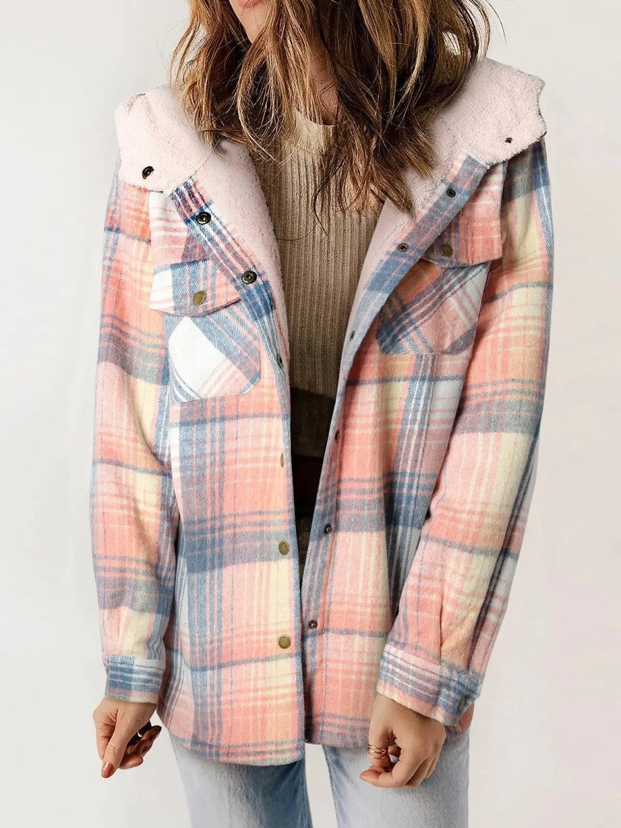 Women's Hooded Plaid Button-Down Jacket