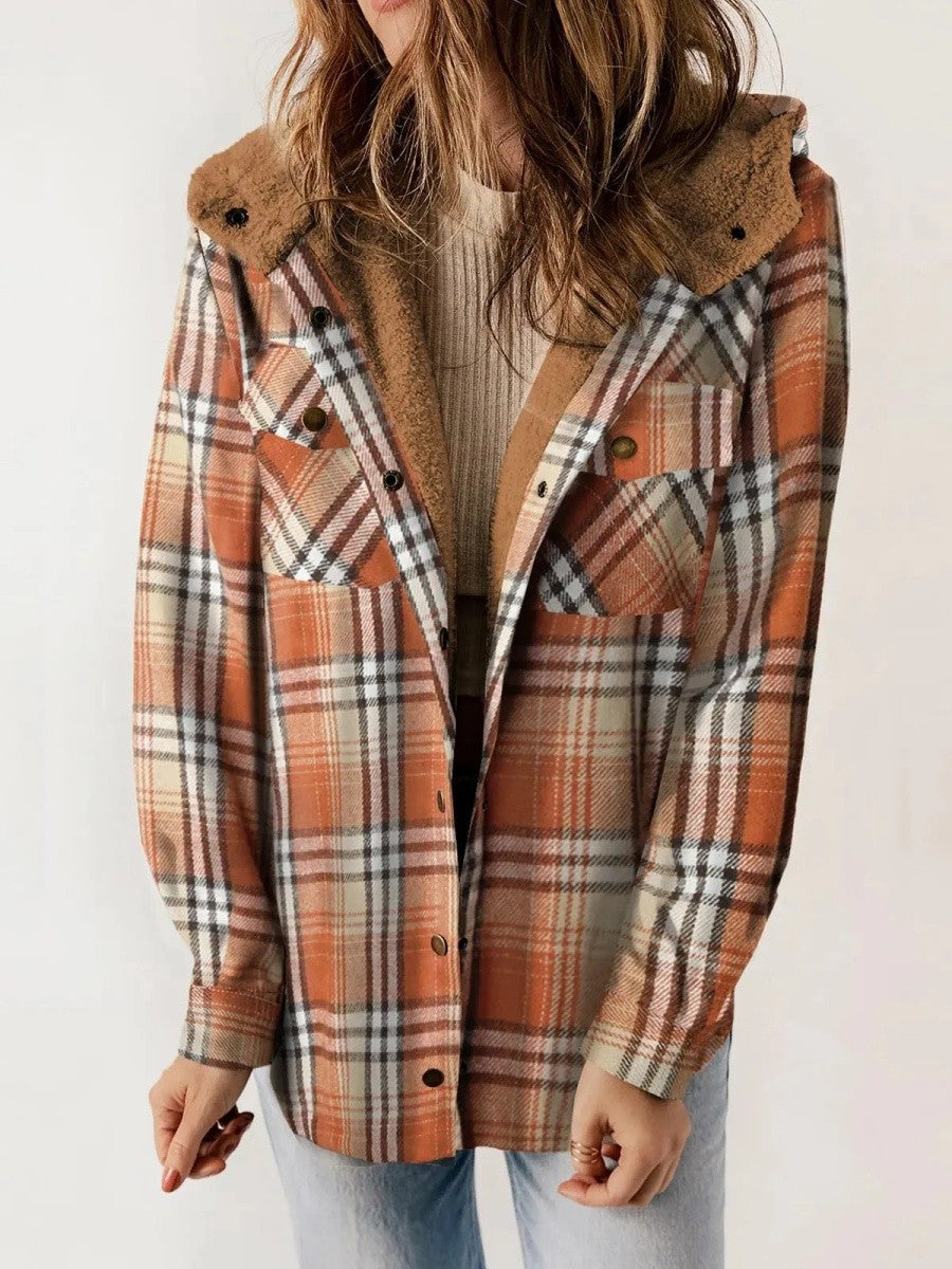 Women's Hooded Plaid Button-Down Jacket