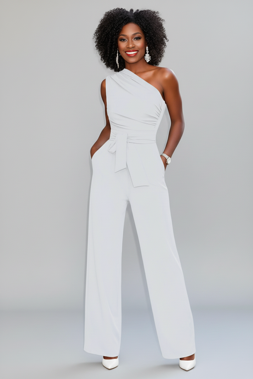 Women's Wide-Leg Jumpsuit - Short Sleeves & Belted Waist