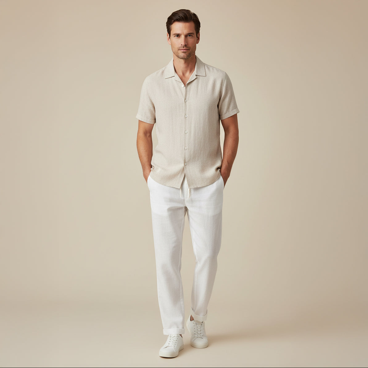 Men’s Linen Set – Short Sleeve Shirt & Drawstring Pants Summer Outfit