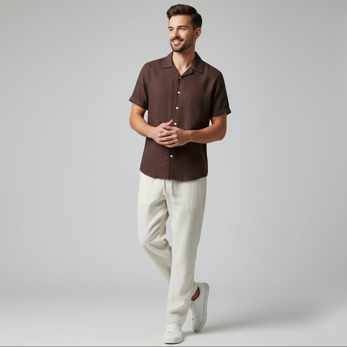 Men’s Linen Set – Short Sleeve Shirt & Drawstring Pants Summer Outfit