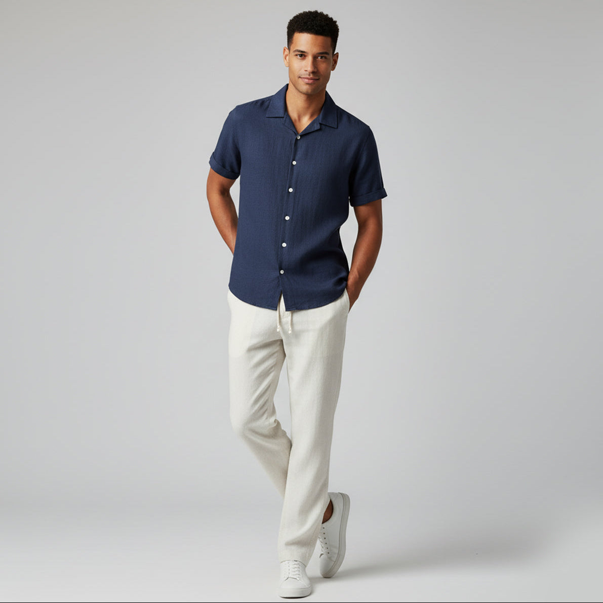 Men’s Linen Set – Short Sleeve Shirt & Drawstring Pants Summer Outfit
