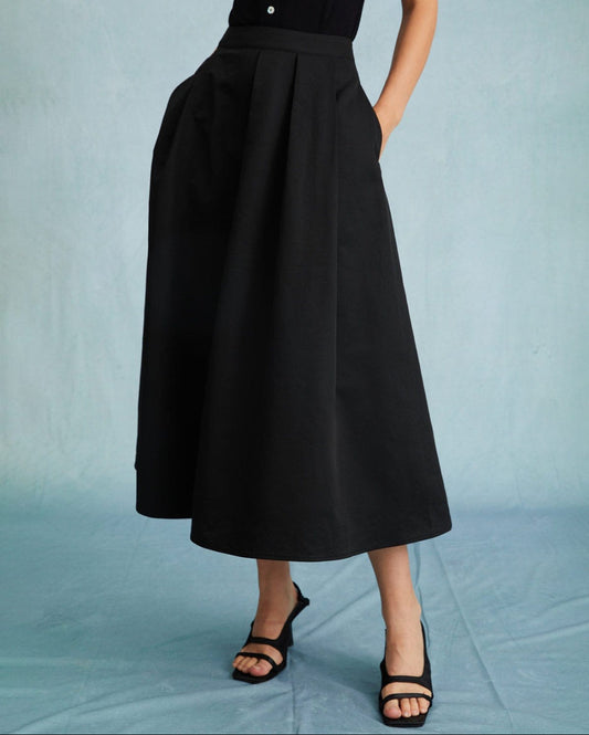 Black High Waist Pleated Midi Skirt for Women