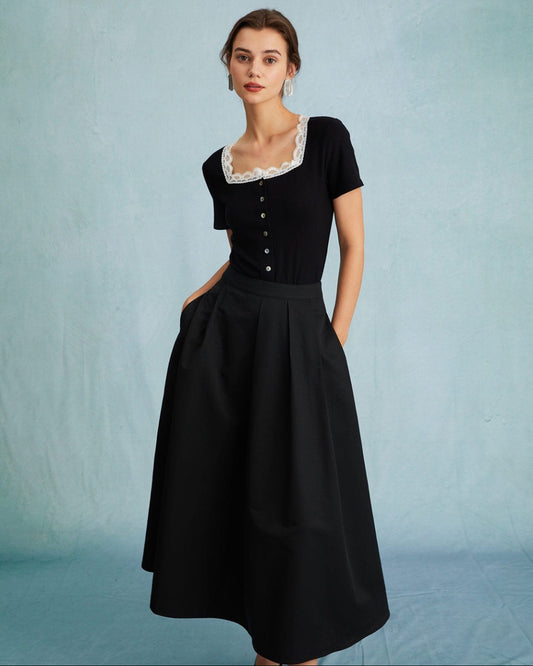 Black High Waist Pleated Midi Skirt for Women