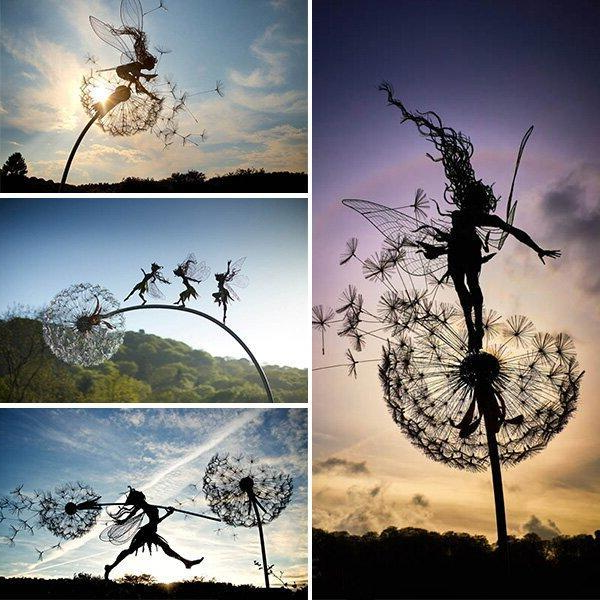 Metal Fairy Garden Stakes with Dandelion Decor