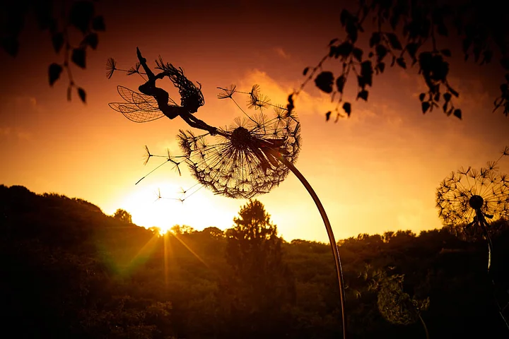 Metal Fairy Garden Stakes with Dandelion Decor